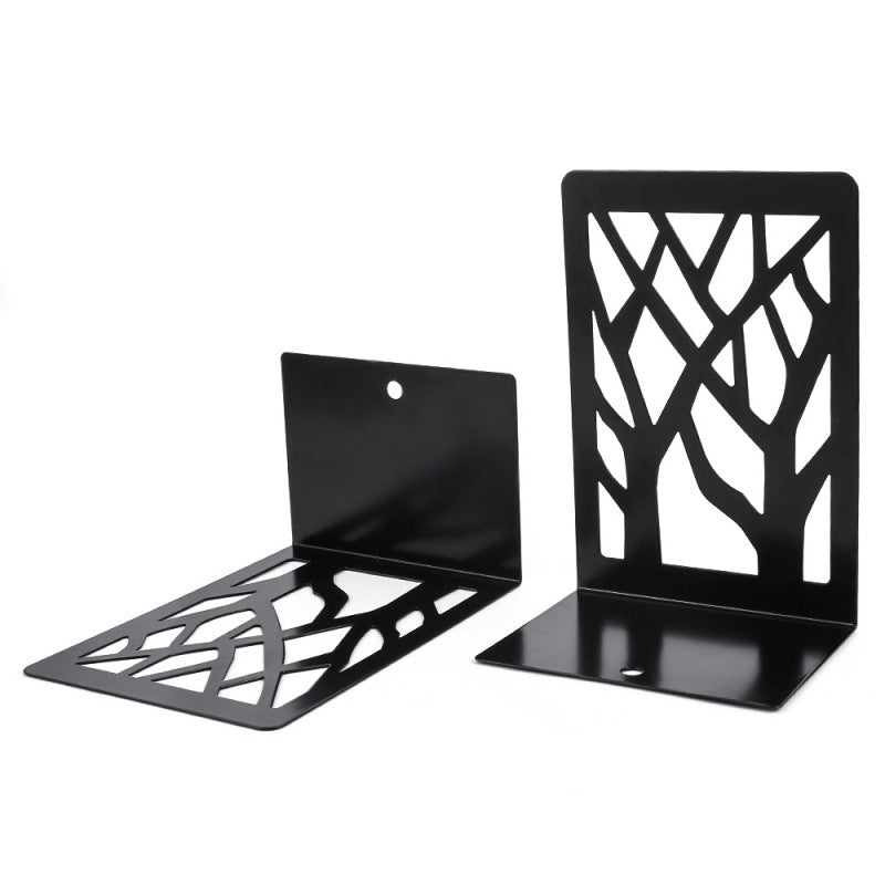 White metal bookends on shelf