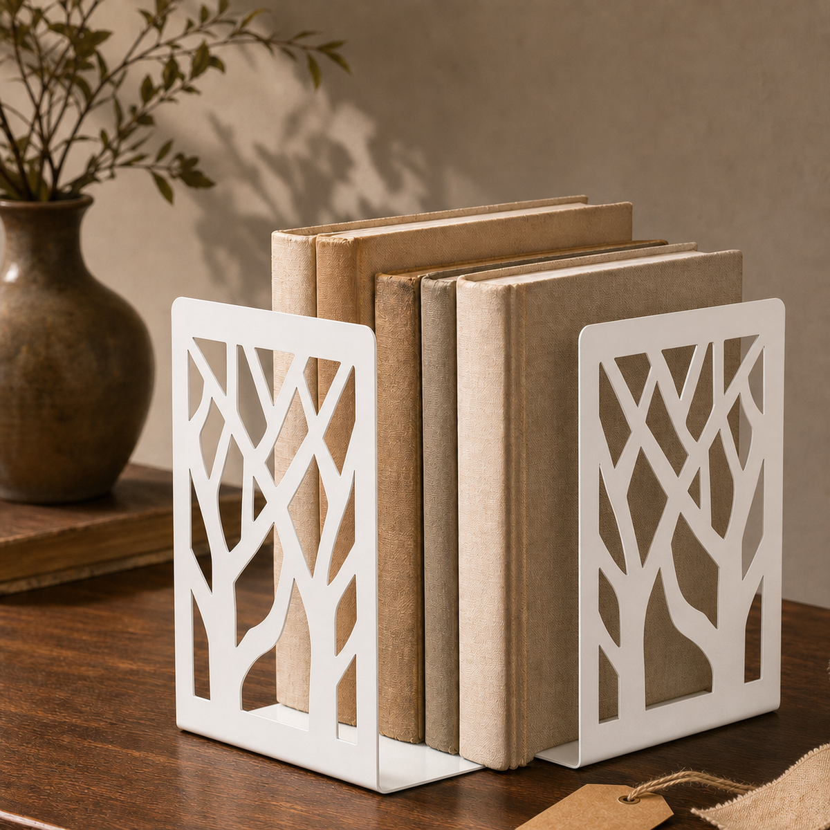 White botanical branch metal bookends in a literary gift setting
