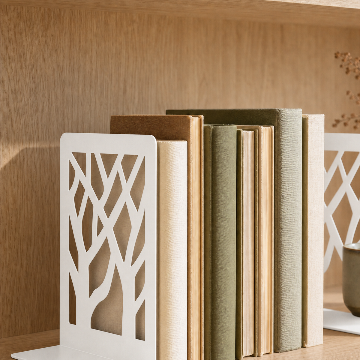 White botanical branch metal bookends on a home library shelf