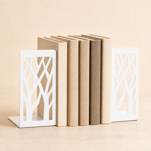 White botanical branch metal bookends pair holding neutral books
