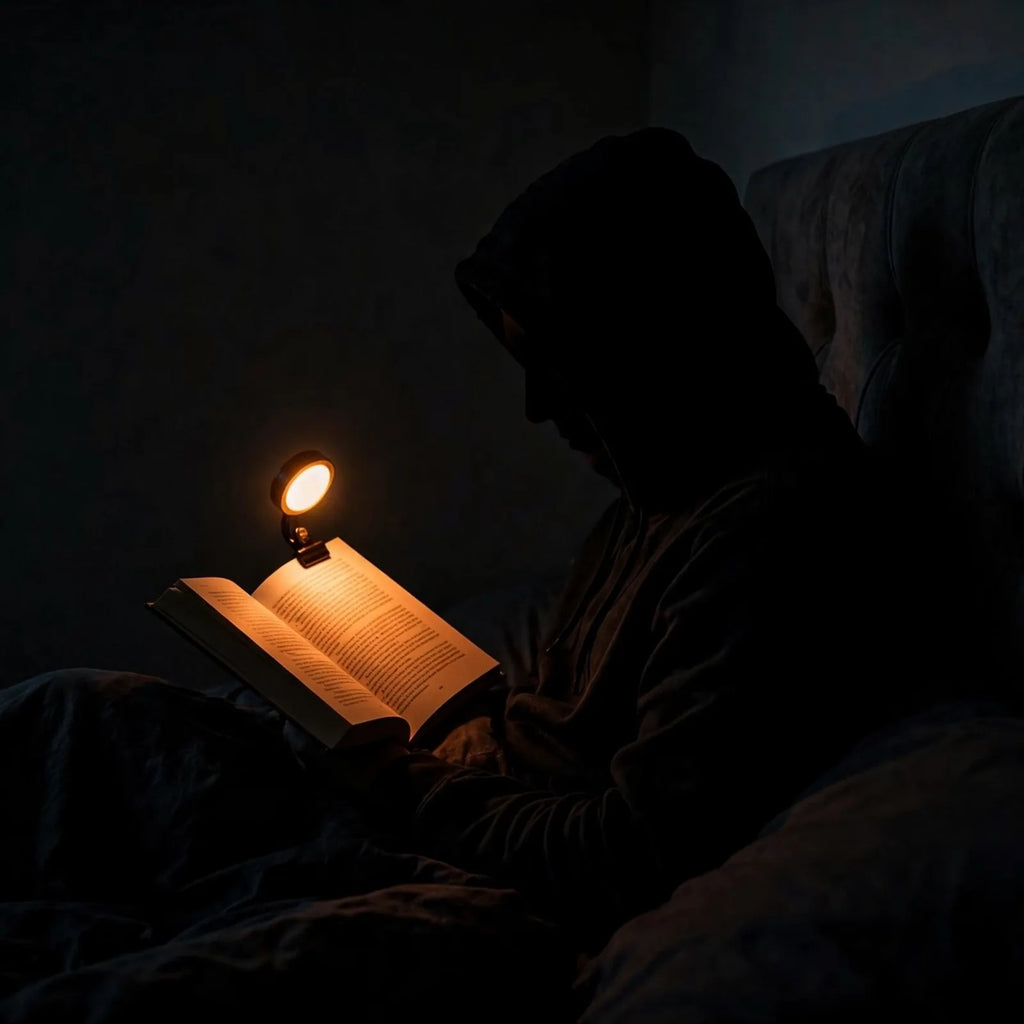 Person reading in bed at night lit by warm clip-on book light