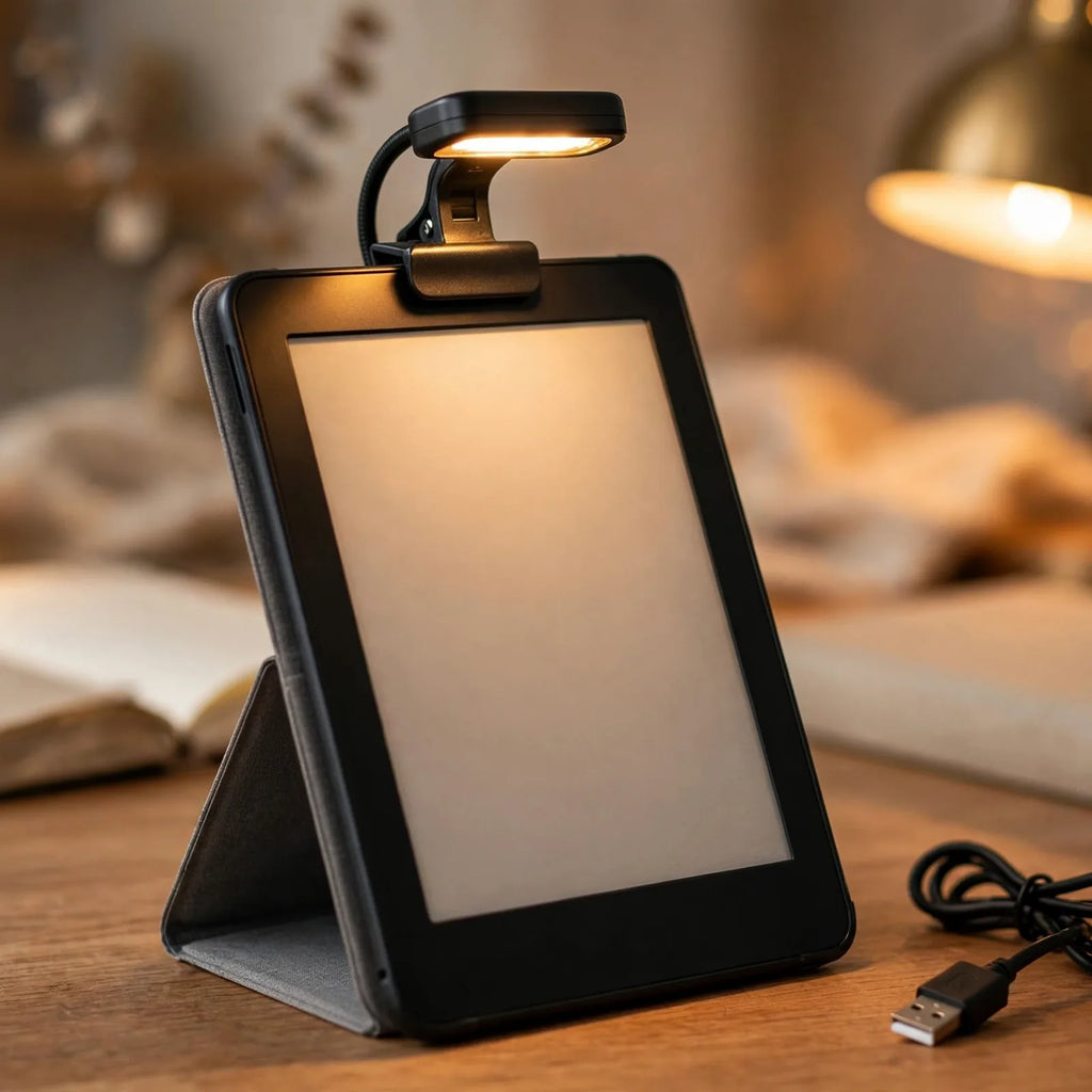 Clip-on reading light attached to e-reader on desk with USB cable