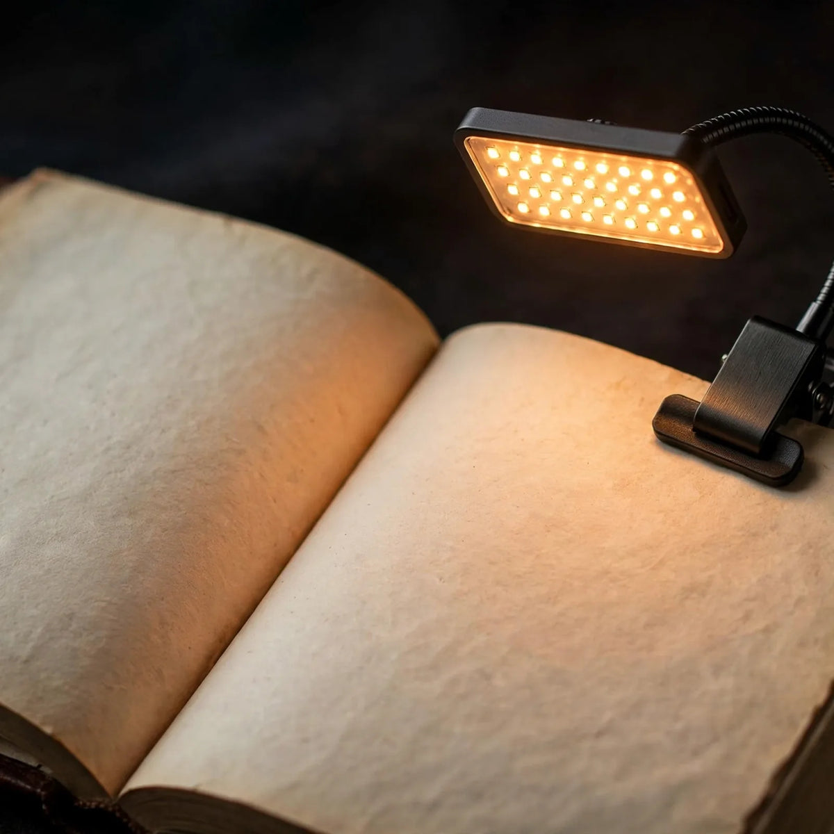 Close-up of clip-on reading light with warm LED panel on book edge