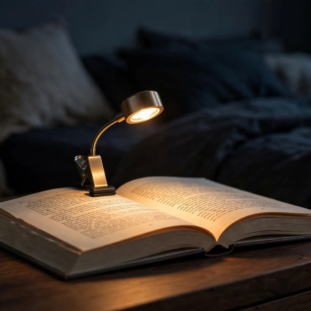 Clip-on warm reading light glowing on book at night