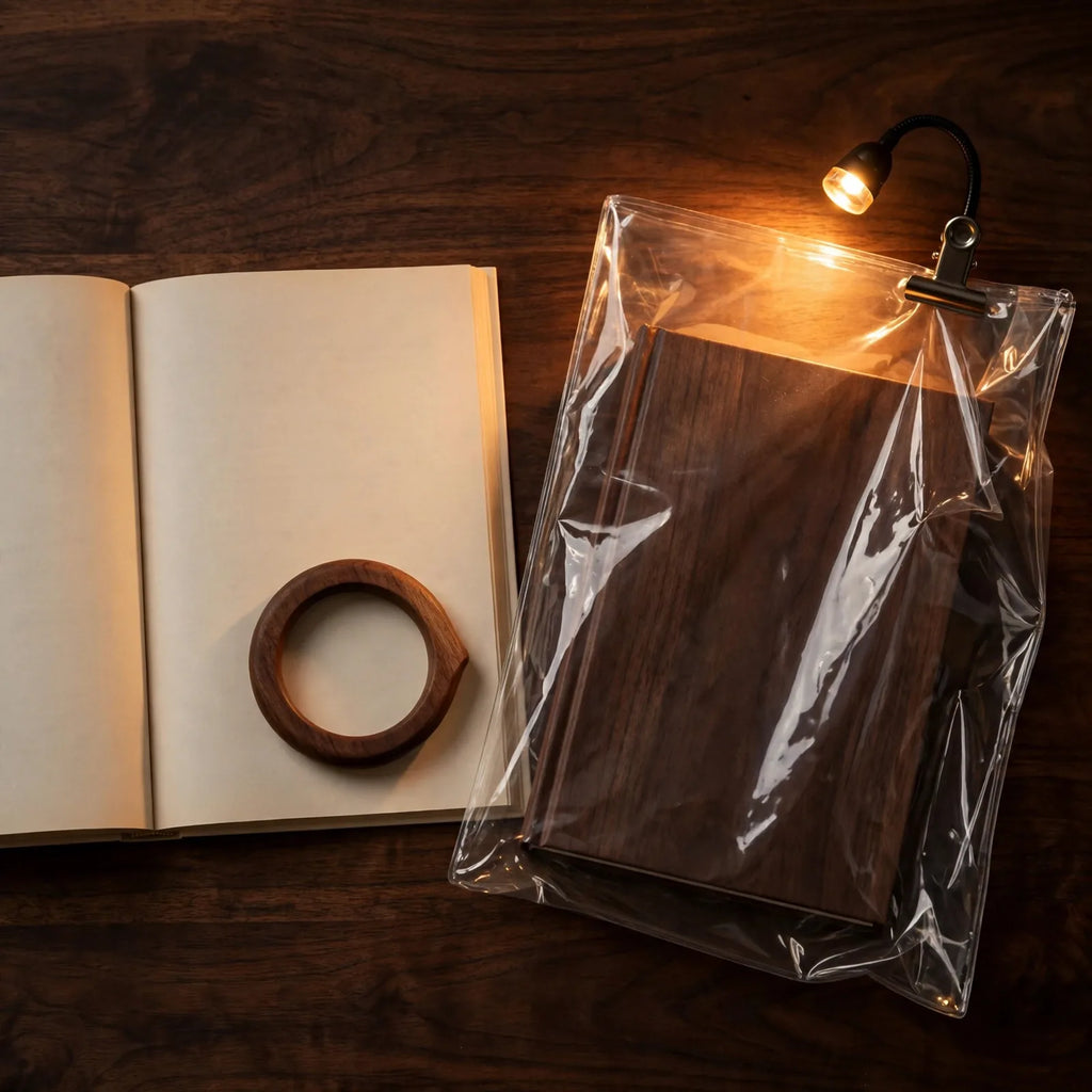 Cozy night reading bundle with warm book light, walnut thumb ring and transparent book jacket