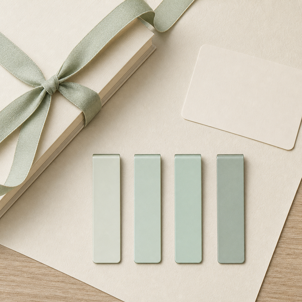 Four sage magnetic page markers arranged as a book lover gift
