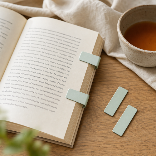 Sage magnetic page markers clipped onto an open book