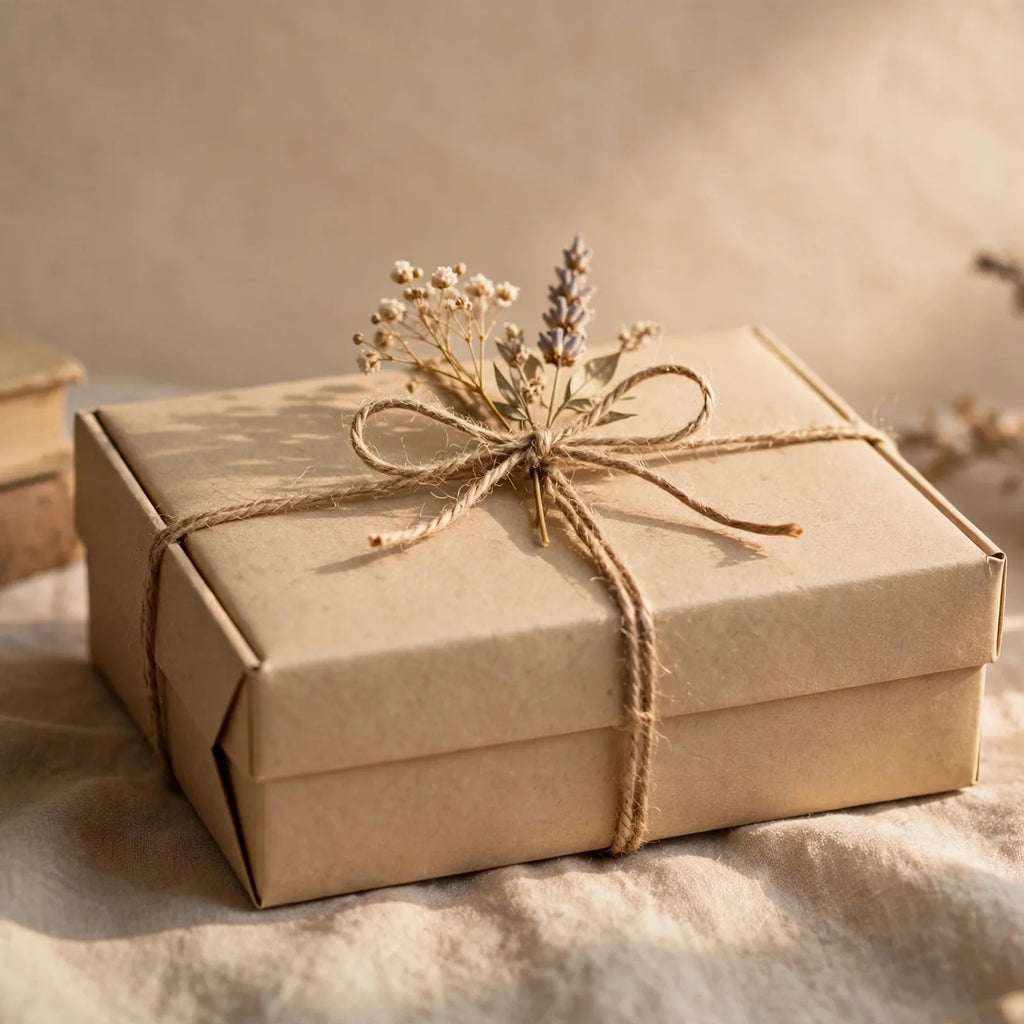 Closed kraft gift box tied with twine and dried flowers