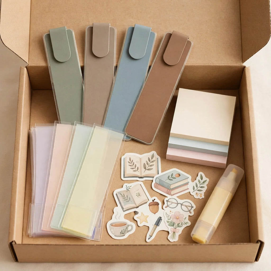 Reading annotation gift box with tabs stickers and markers