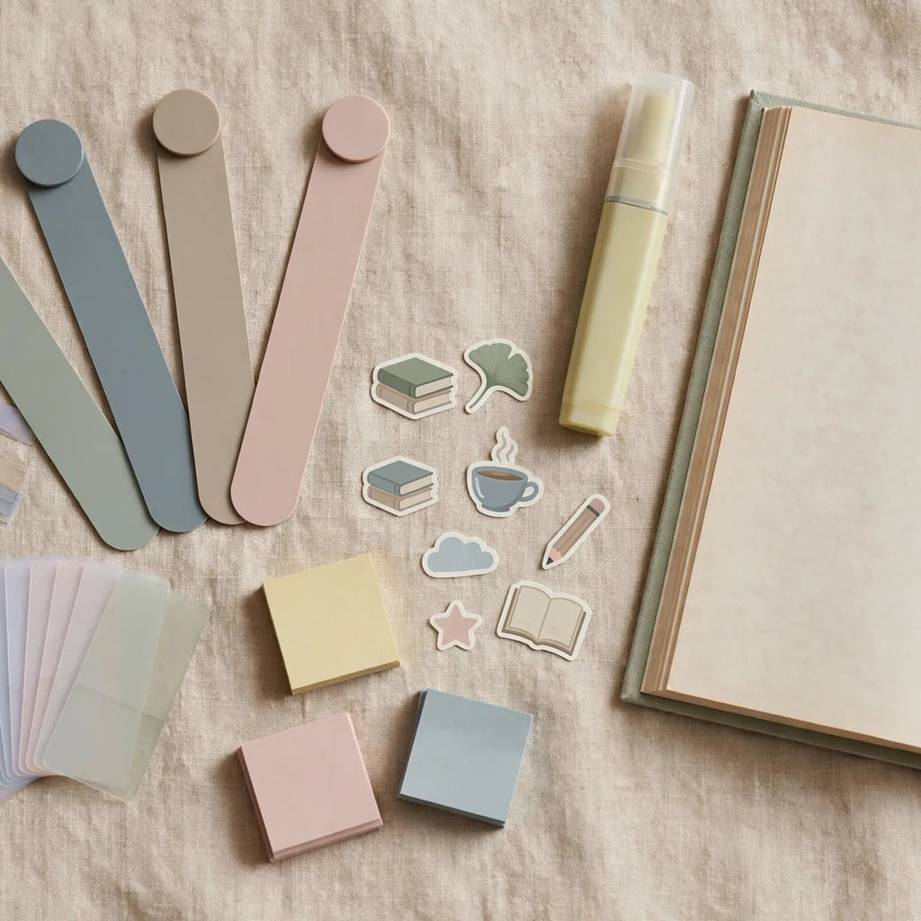 Annotation kit contents flat lay with open book
