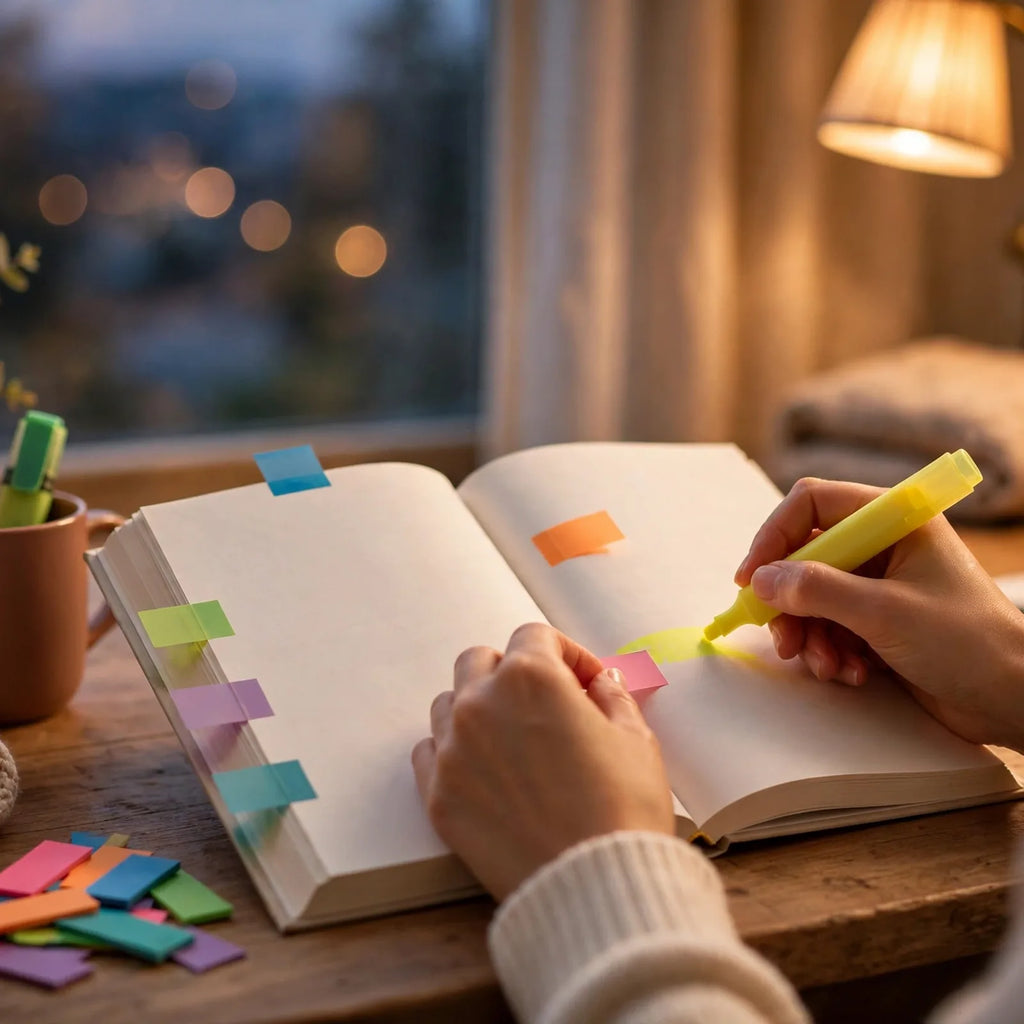 Hands annotating book page with sticky tabs and highlighter