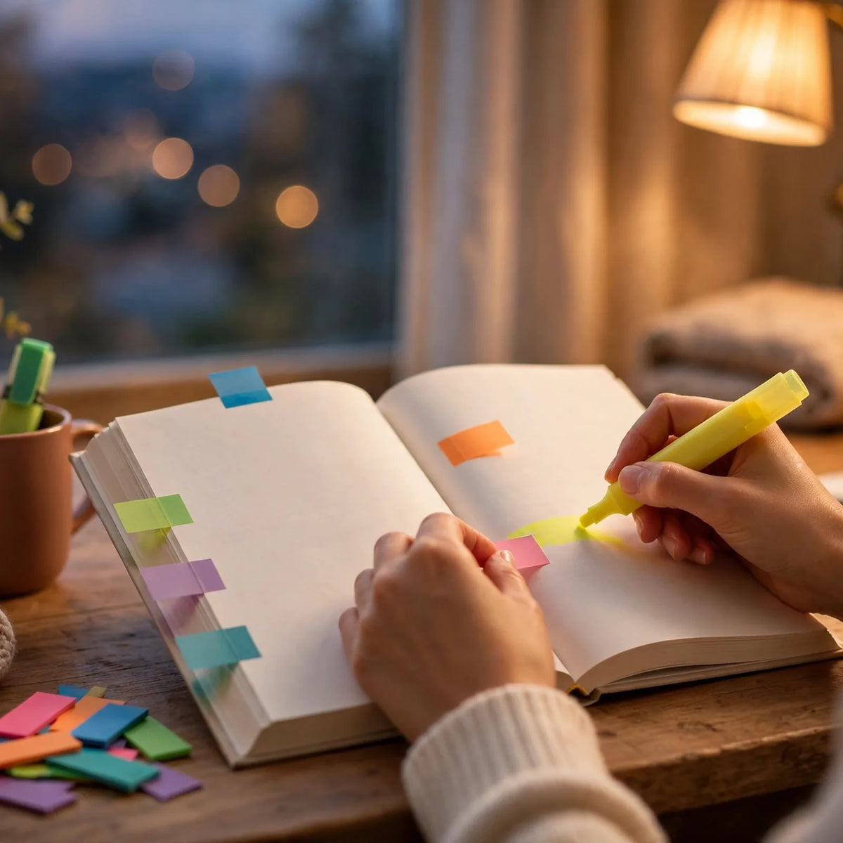 Hands annotating book page with sticky tabs and highlighter