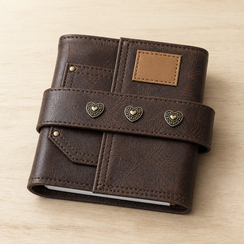 Dark brown retro buckle reading journal with three heart details