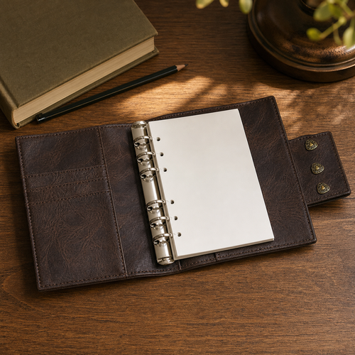 Refillable retro reading journal open with blank six-hole pages