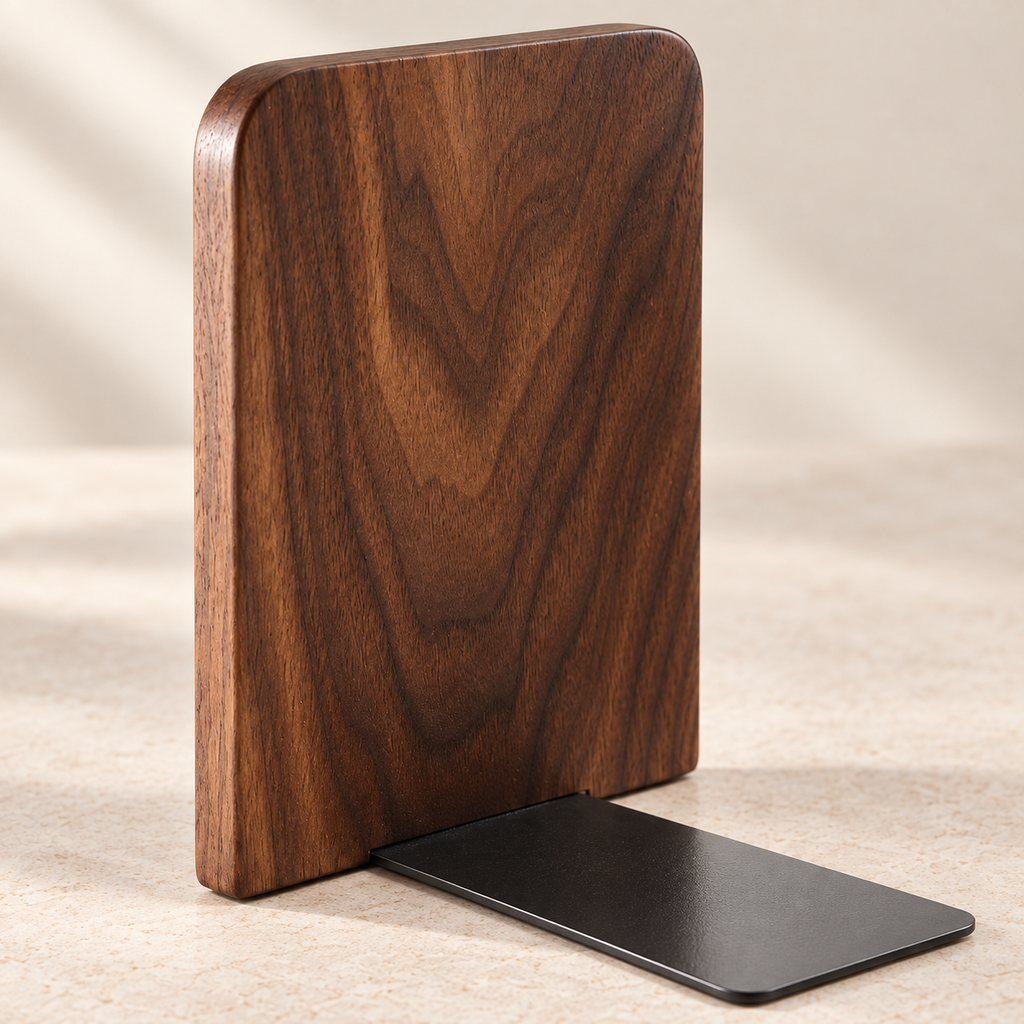 Close-up of solid walnut grain, rounded edge and matte black metal base