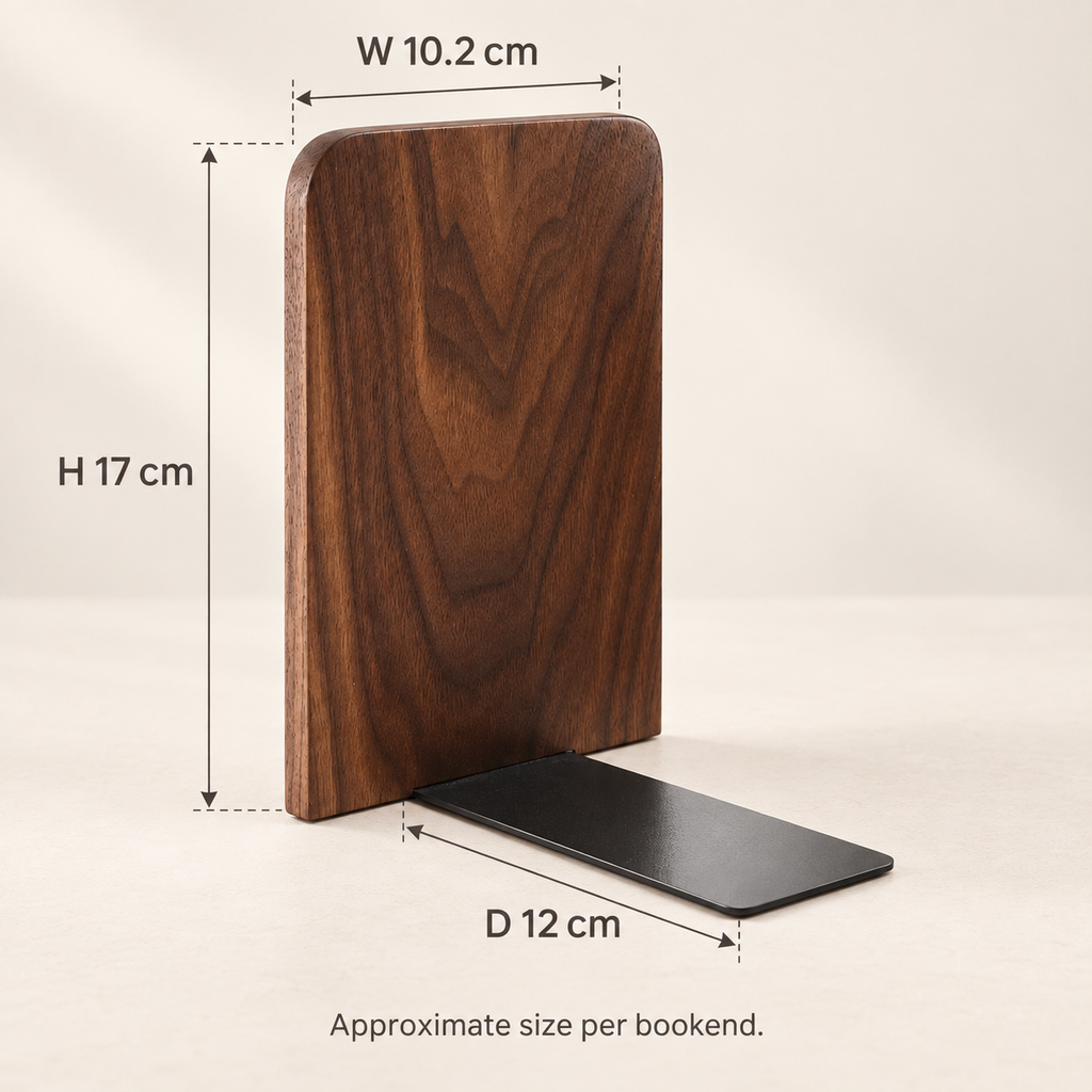 Solid walnut bookend dimensions: 17 cm high, 10.2 cm wide and 12 cm deep