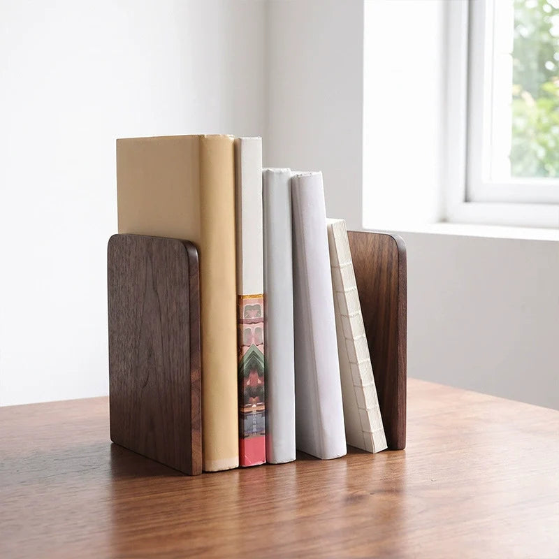 Pair of solid walnut bookends holding books
