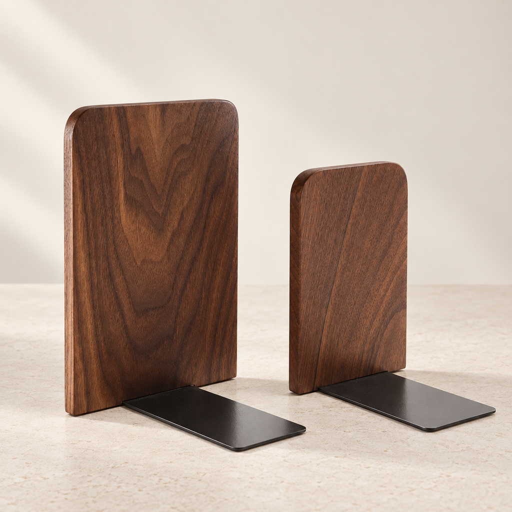 Pair of solid walnut bookends with slim black metal bases