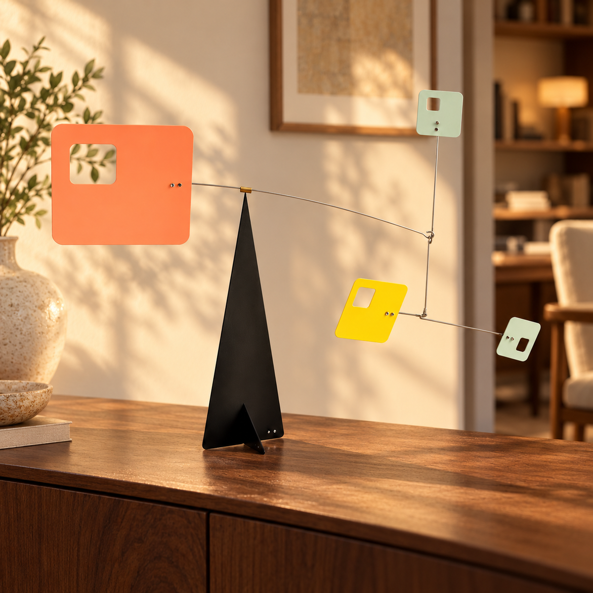 AI-assisted warm study console scene with square balance sculpture; props not included, scene not to scale