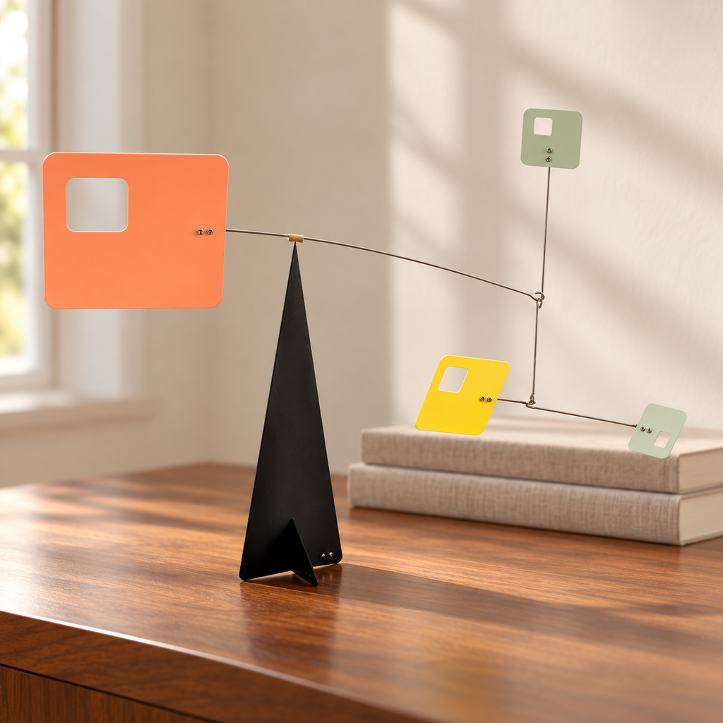 Square geometric balance sculpture on a study desk; books not included