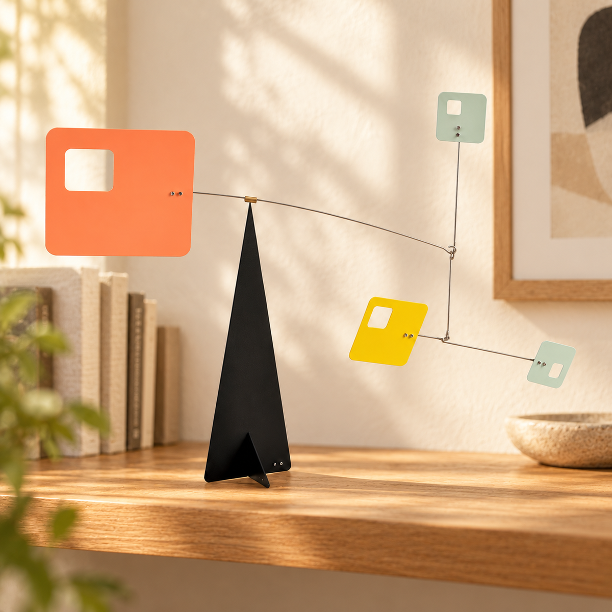 AI-assisted bookshelf scene with square geometric balance sculpture; props not included, scene not to scale