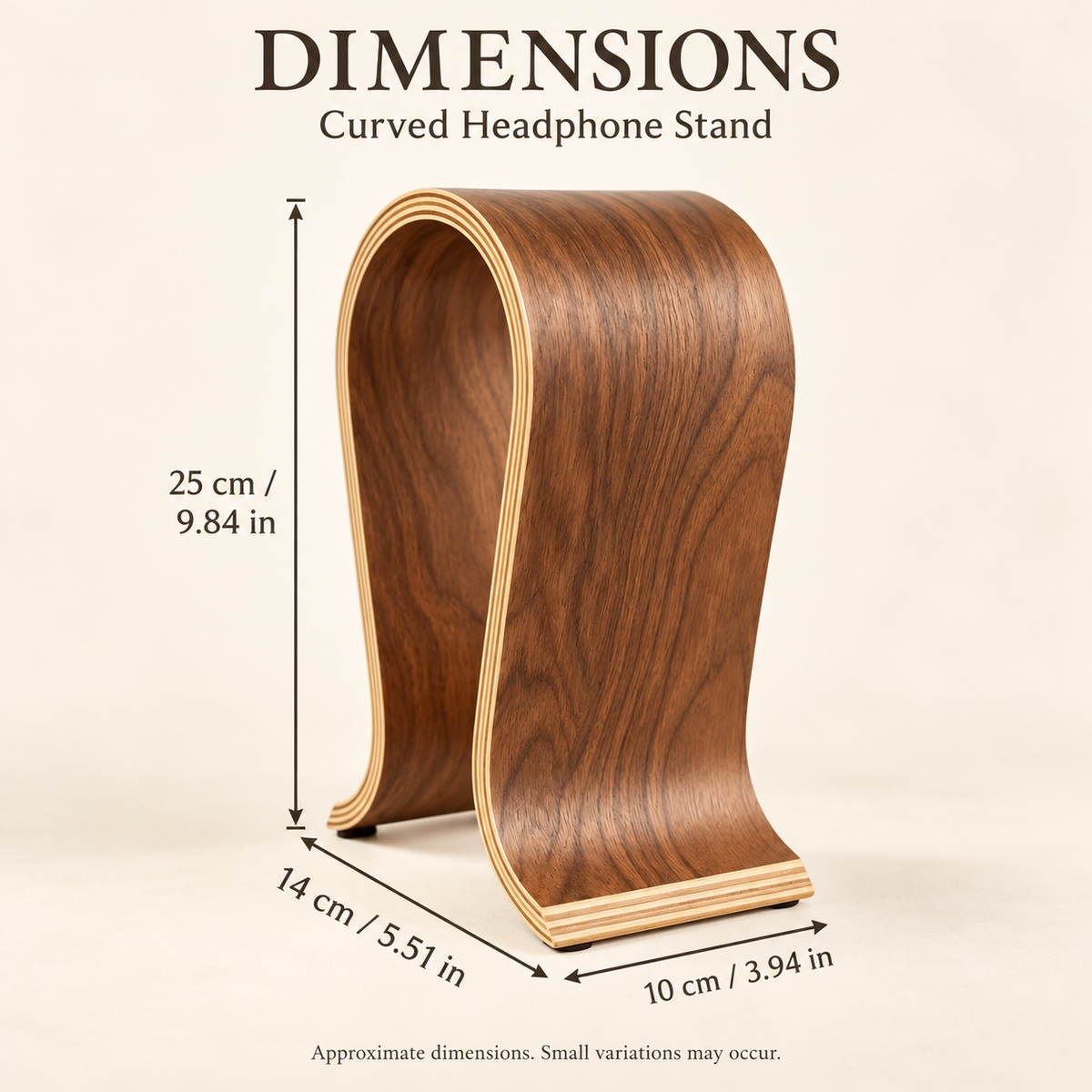 Curved headphone stand dimensions: height 25 cm, base 14 by 10 cm
