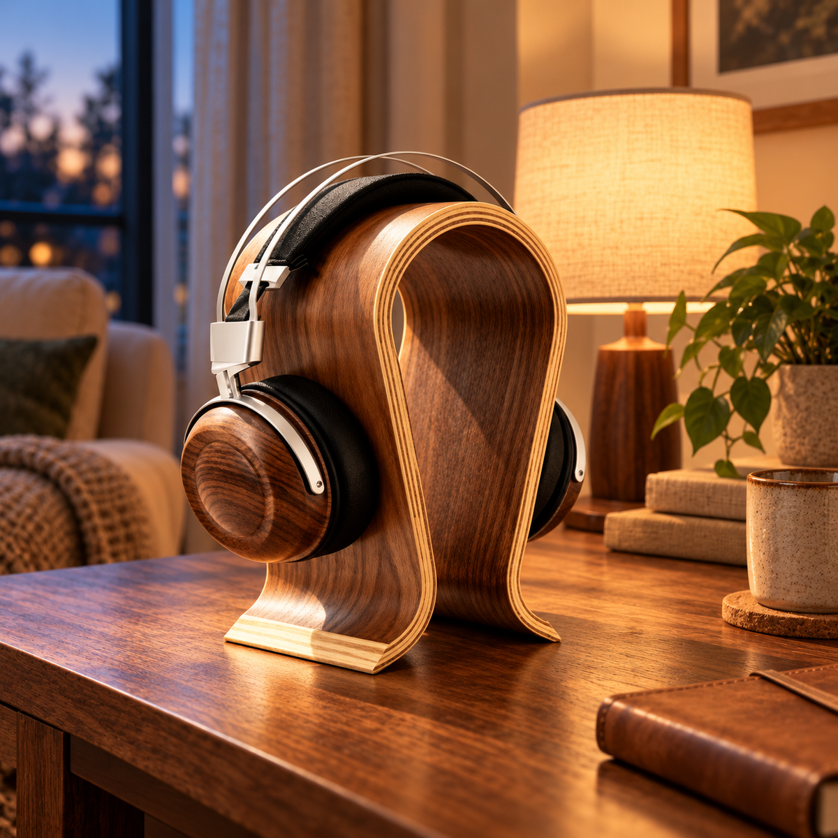 AI-assisted evening listening scene with curved walnut-color headphone stand; headphones and props not included