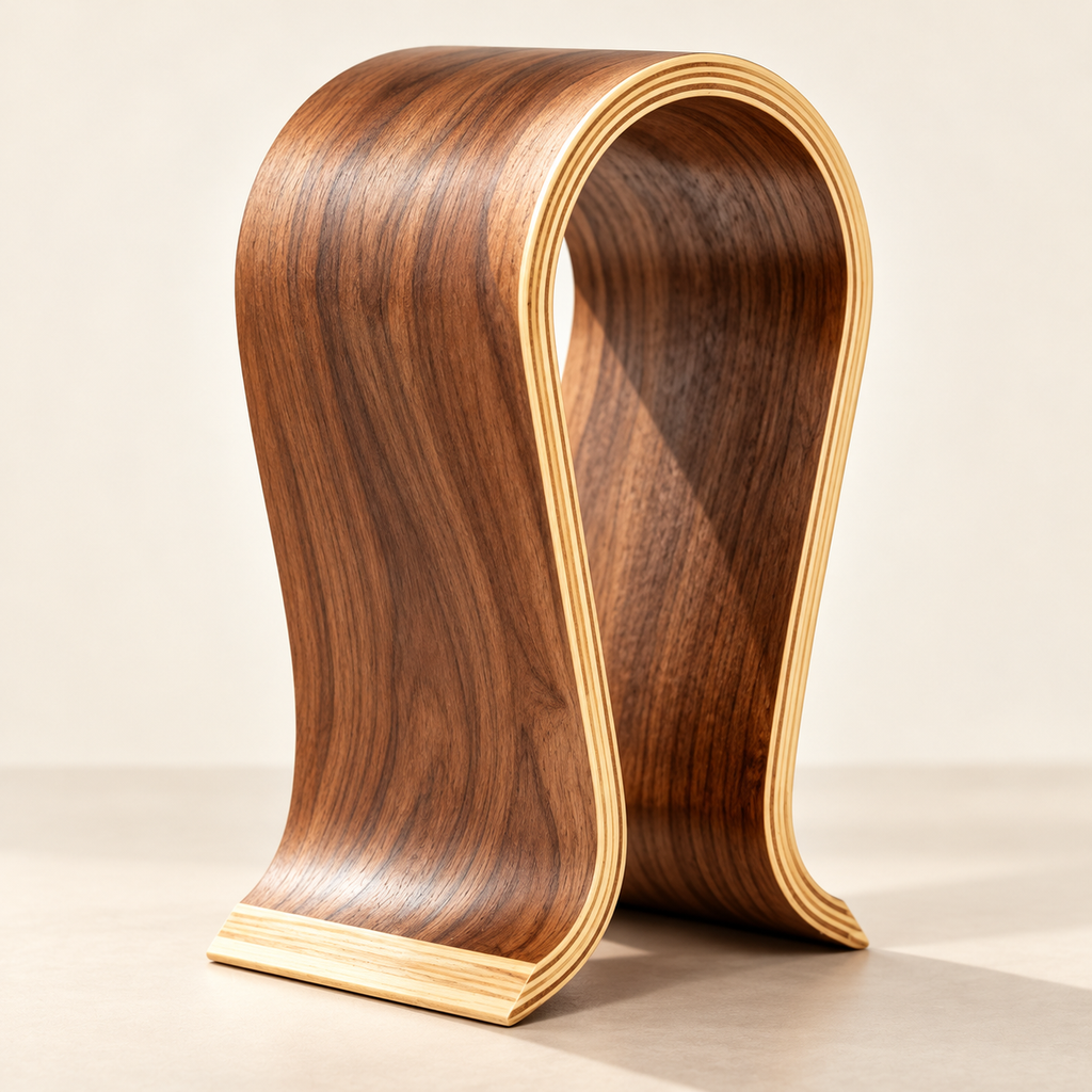 Curved walnut-color headphone stand, stand only