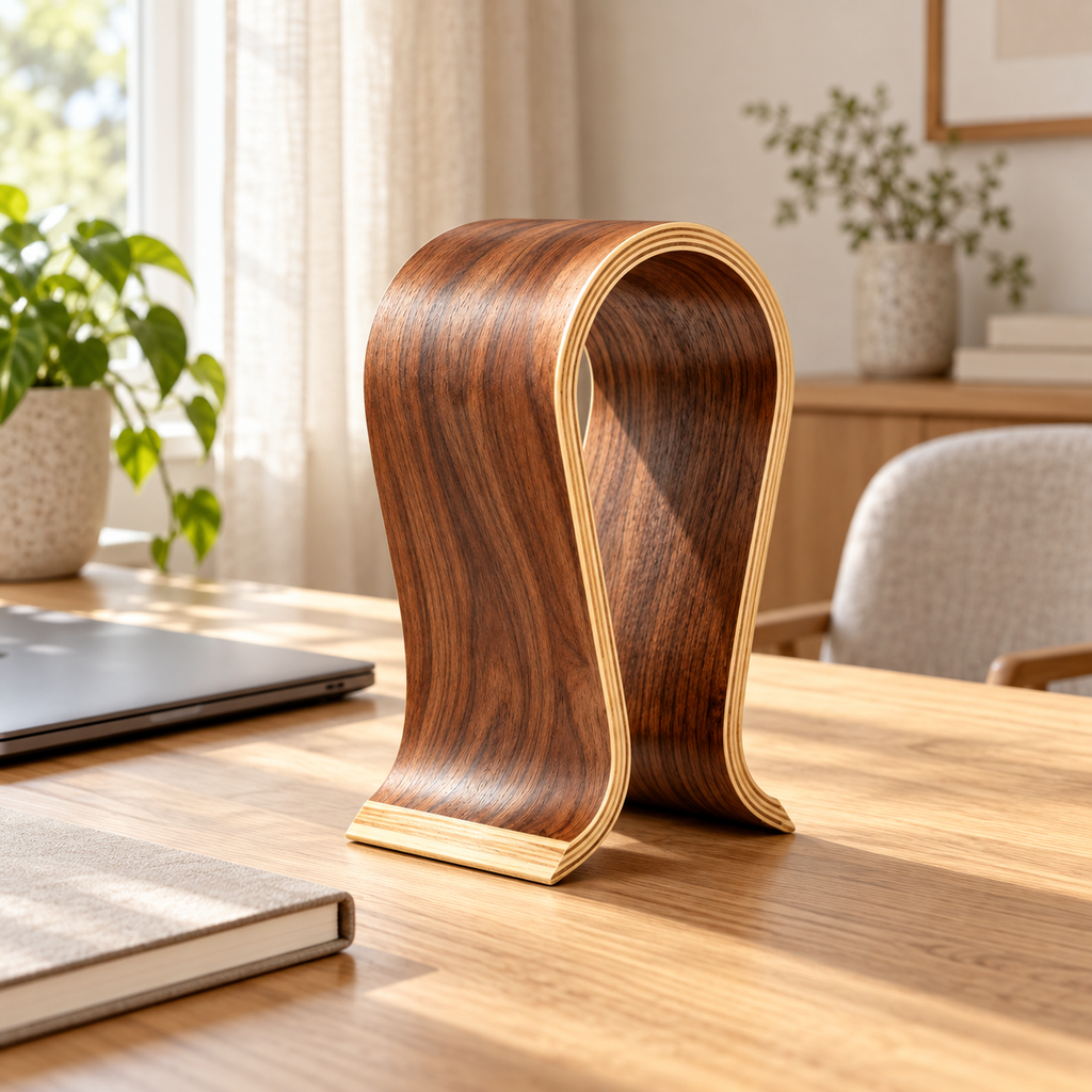 AI-assisted home office scene with curved walnut-color headphone stand; laptop and props not included
