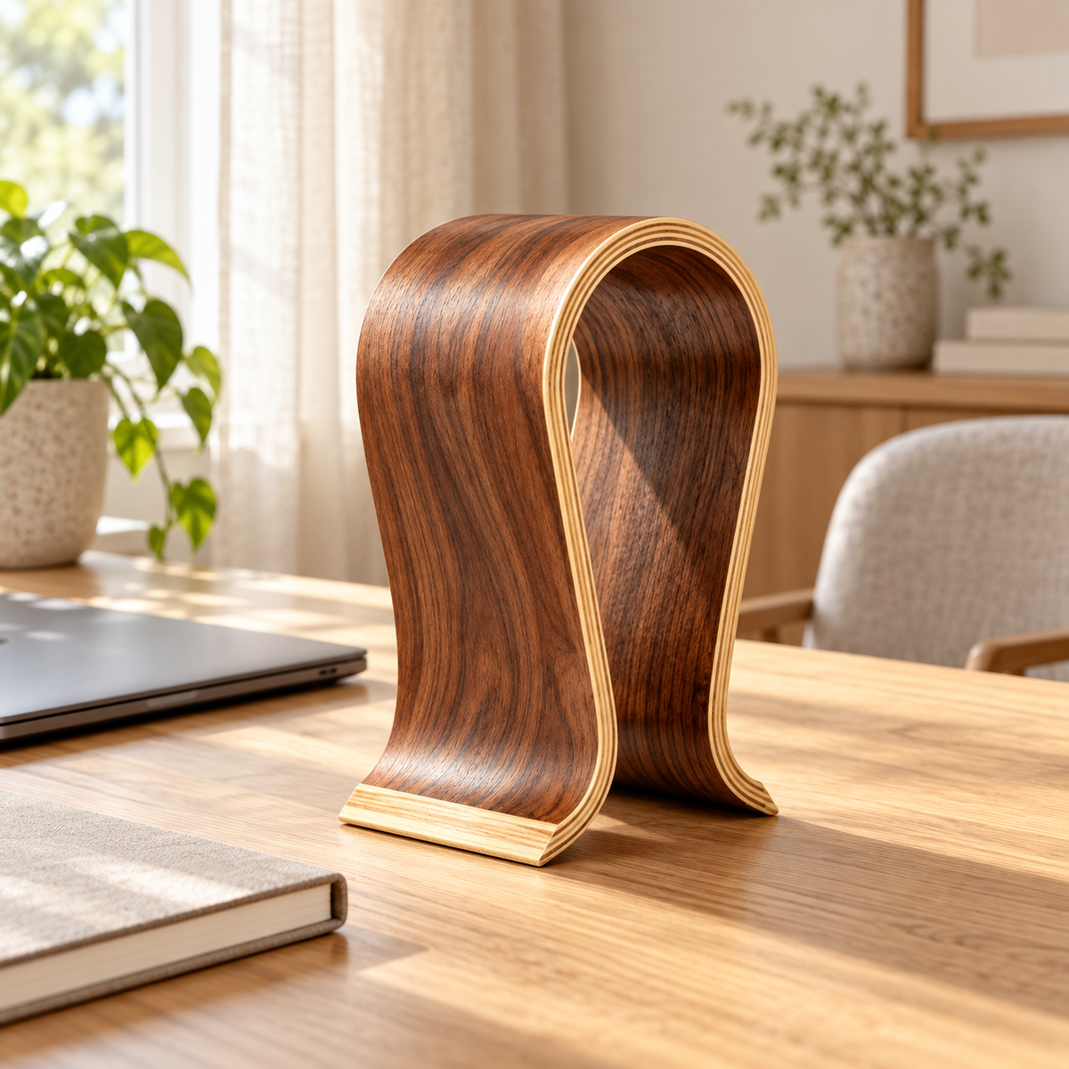 AI-assisted home office scene with curved walnut-color headphone stand; laptop and props not included