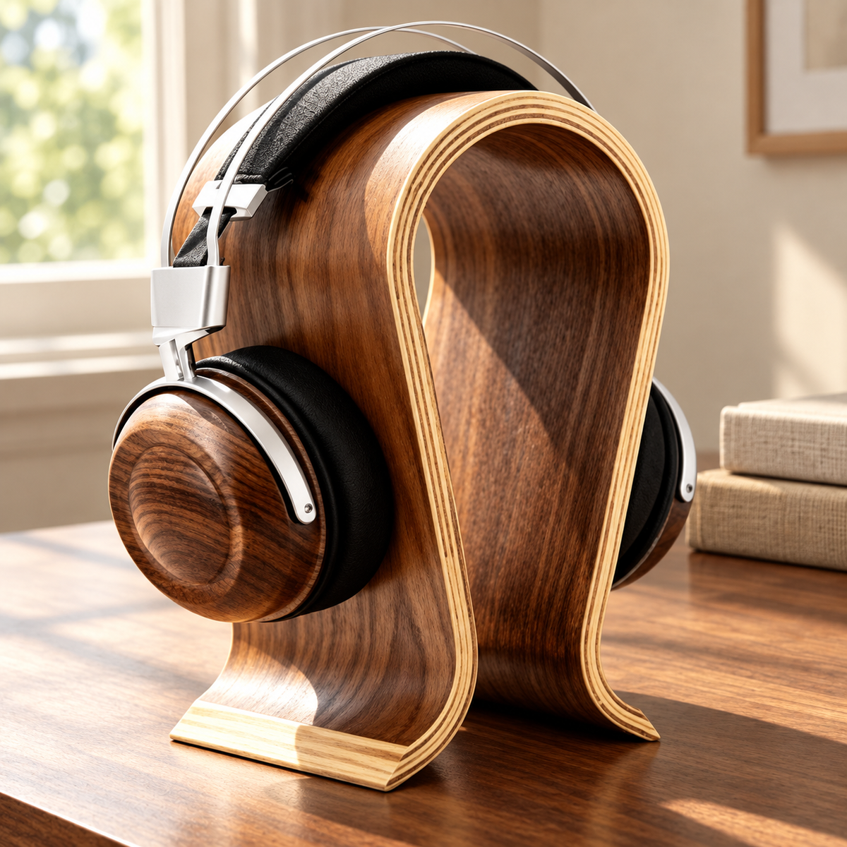 Curved headphone stand in a warm study setting; headphones not included