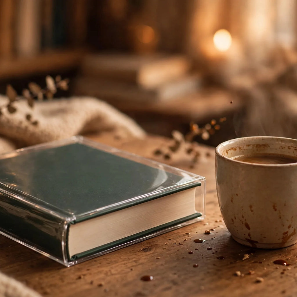 Book protected by transparent jacket next to coffee cup