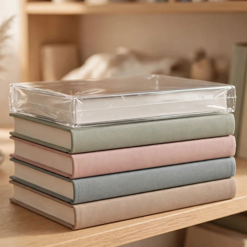 Stack of hardcover books with clear protective book jackets