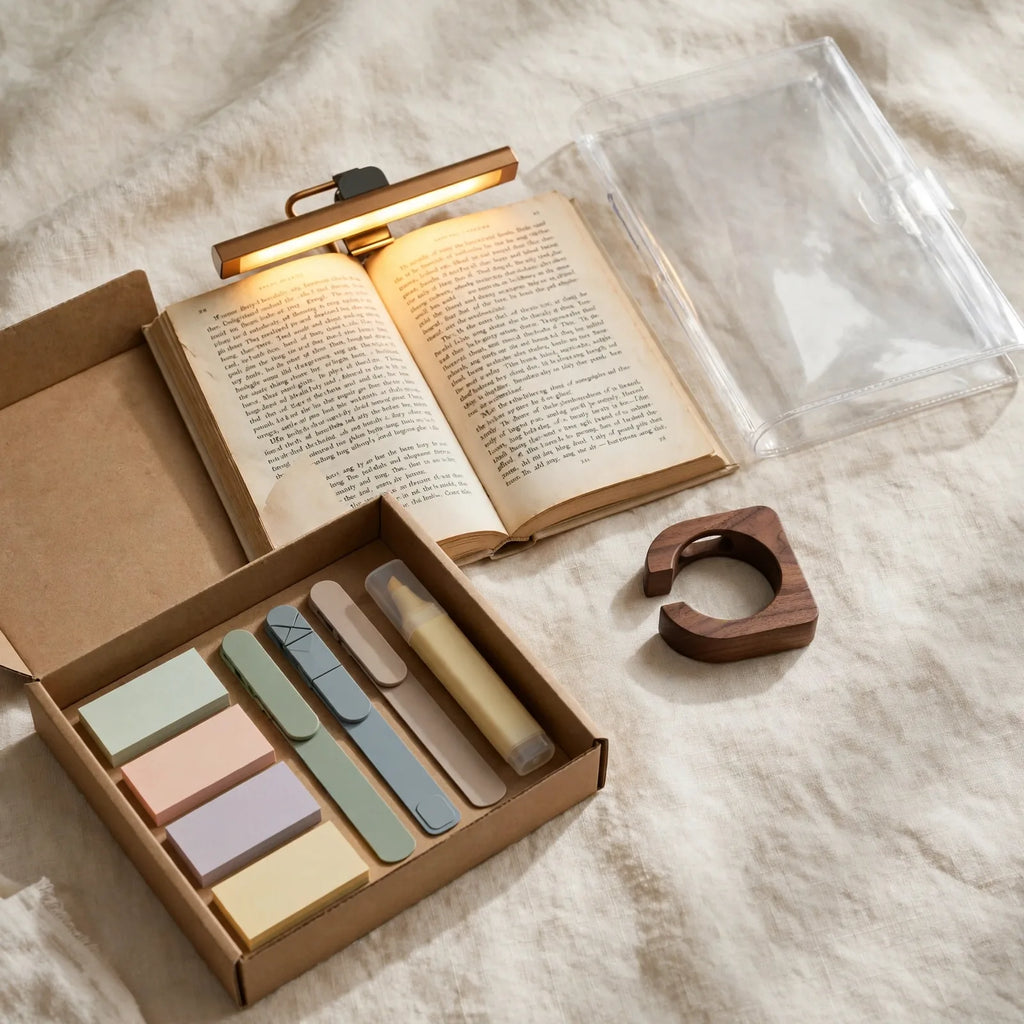 Ultimate reading ritual set with annotation gift box, book light, thumb ring and book jacket