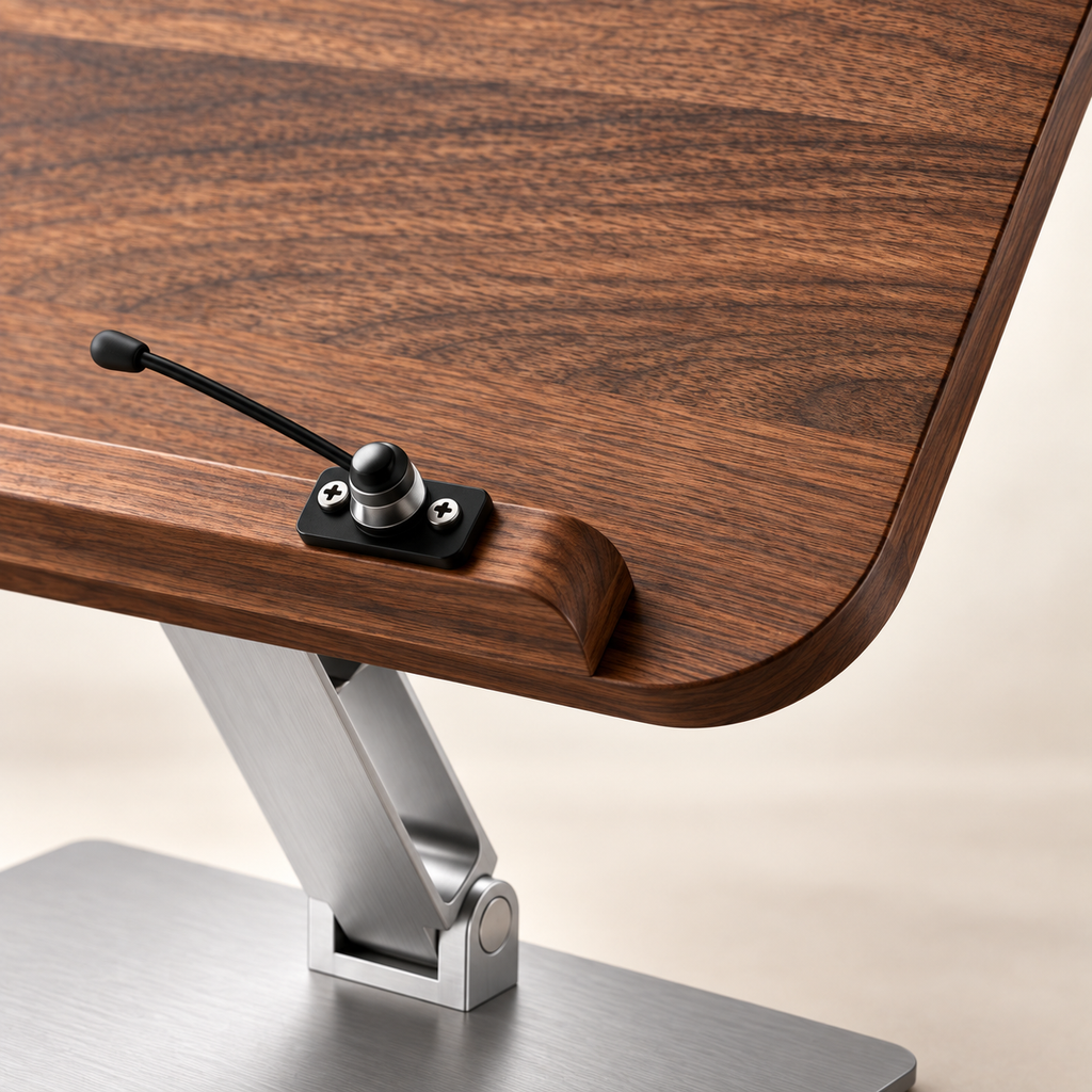 Close view of walnut grain, page holder and brushed metal support