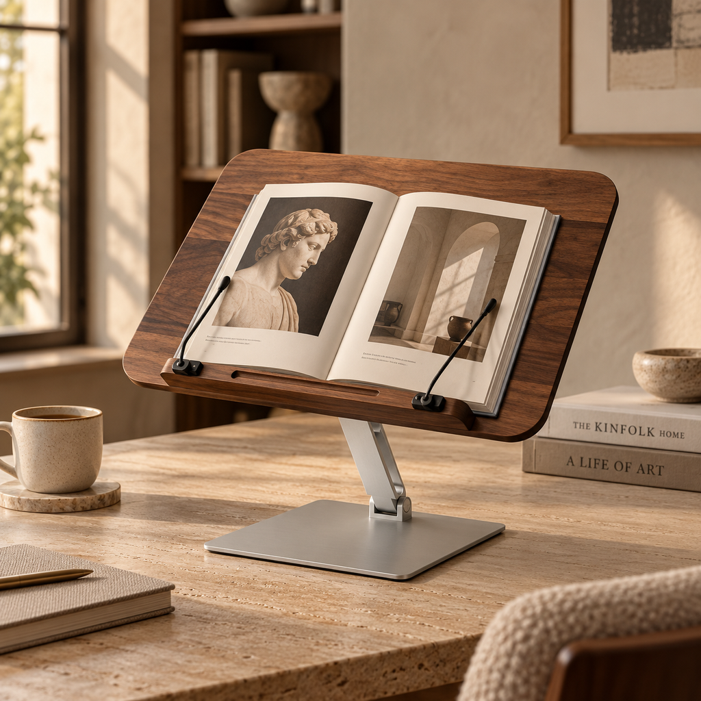 Walnut rotating reading stand in a warm, refined reading room