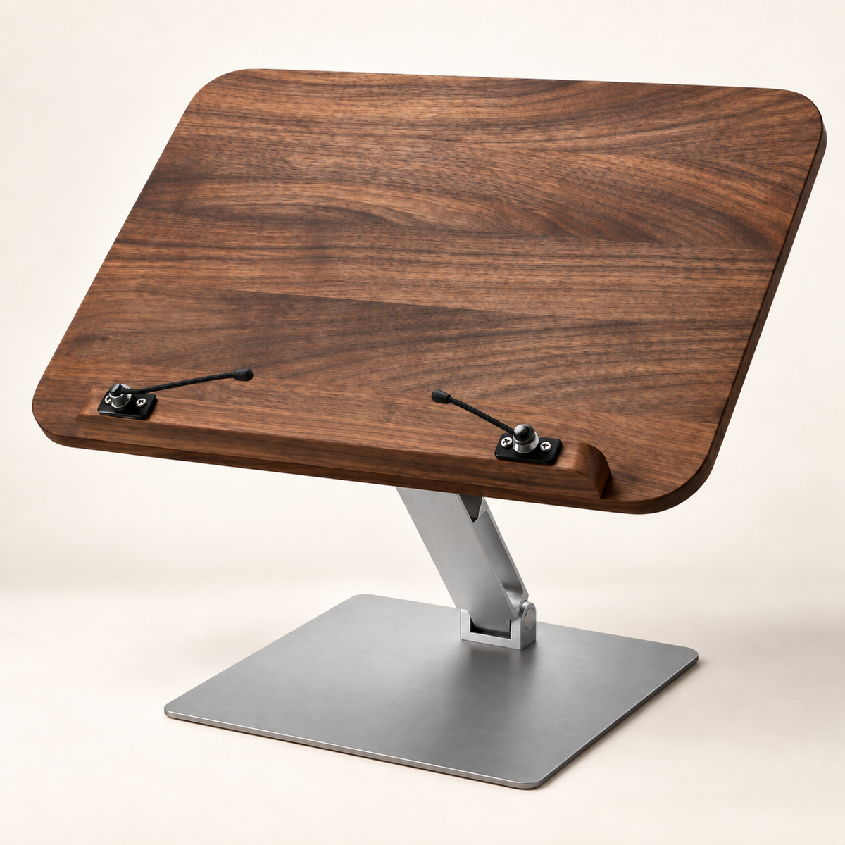 Walnut rotating reading stand on a warm ivory studio background