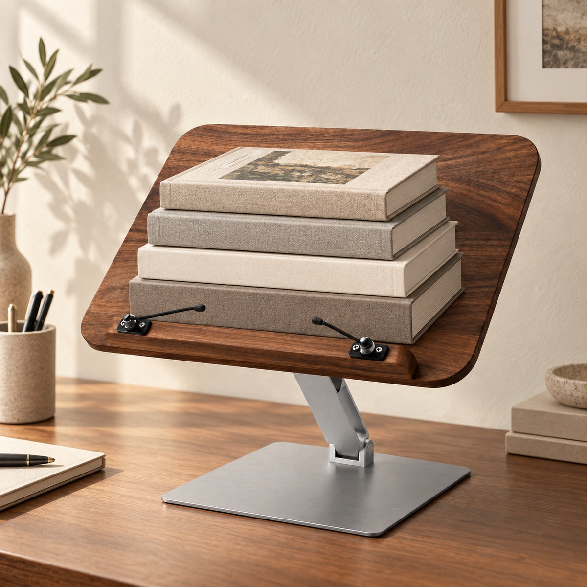 Walnut rotating reading stand supporting four hardcover art books