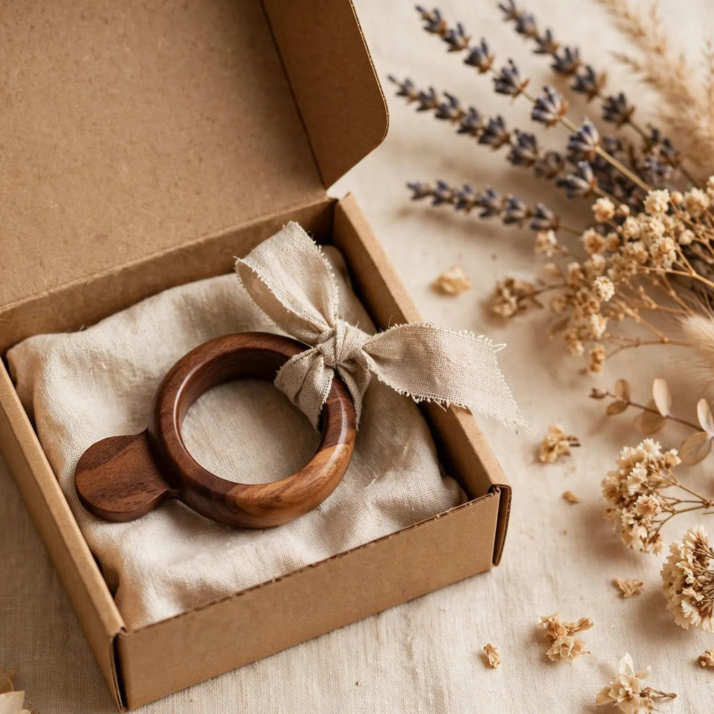 Walnut thumb page holder presented in kraft gift box with ribbon