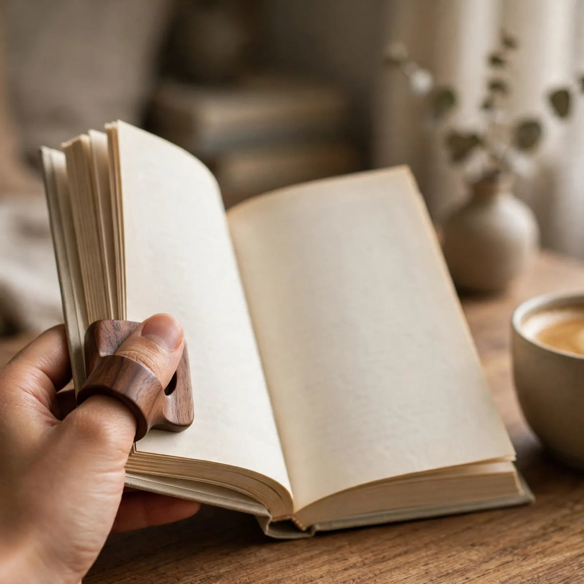 Hand wearing walnut thumb page holder ring reading a book beside coffee