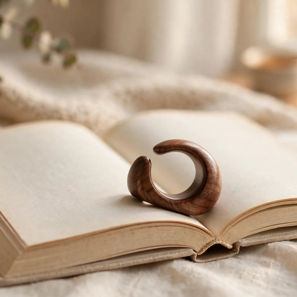 Walnut thumb page holder ring on open book